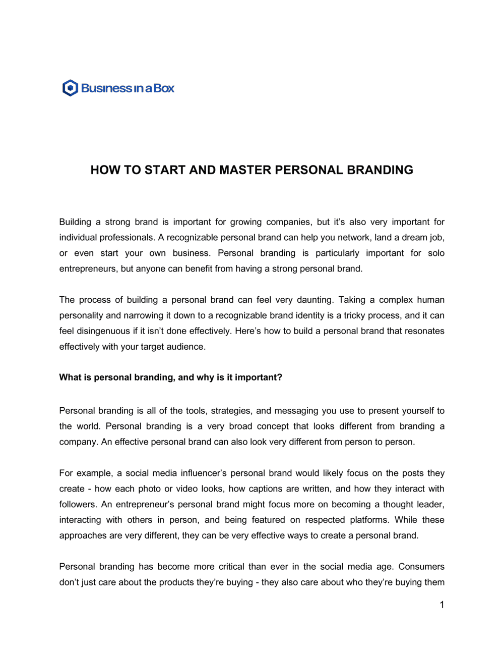 Business-in-a-Box's How To Start and Master Personal Branding Template