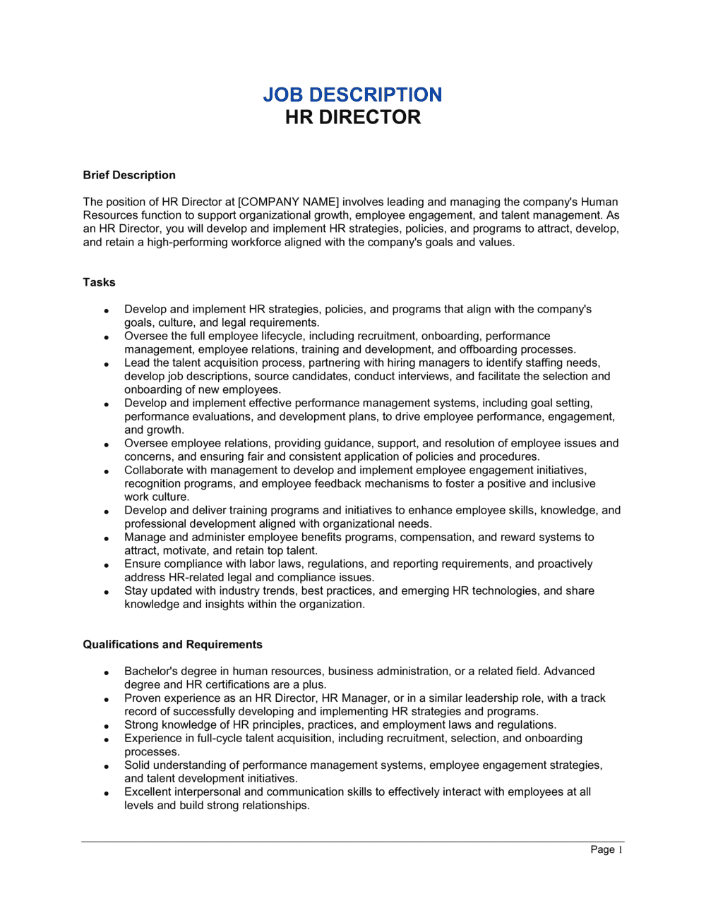 HR Director Job Description Template Download 