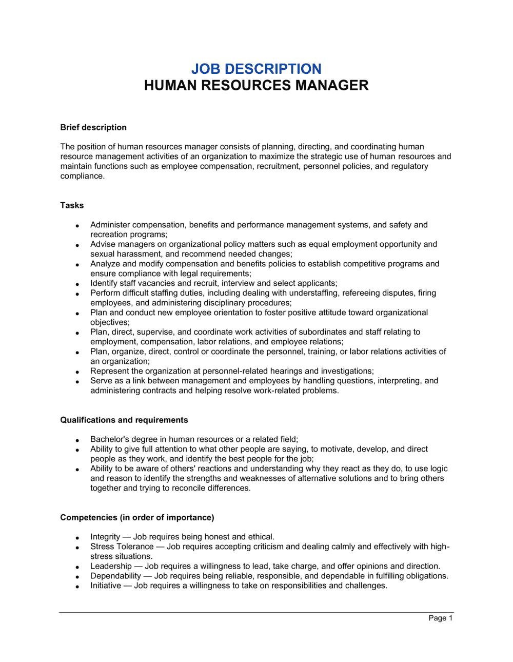 Human Resources Manager Job Description Template  by Business-in 