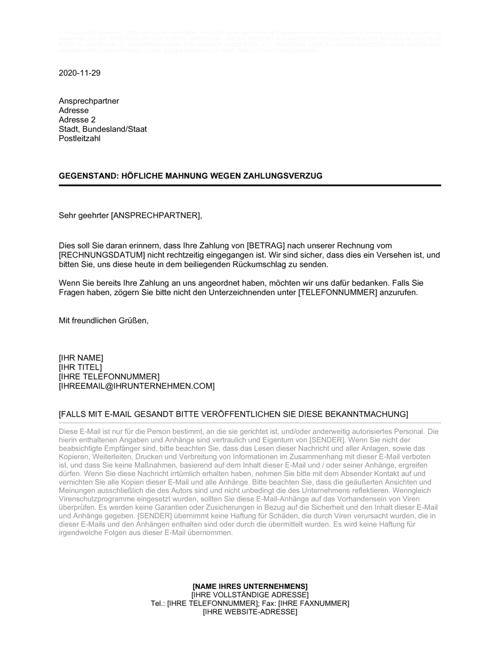 Business-in-a-Box's Höfliche Mahnung wegen Zahlungsverzugs