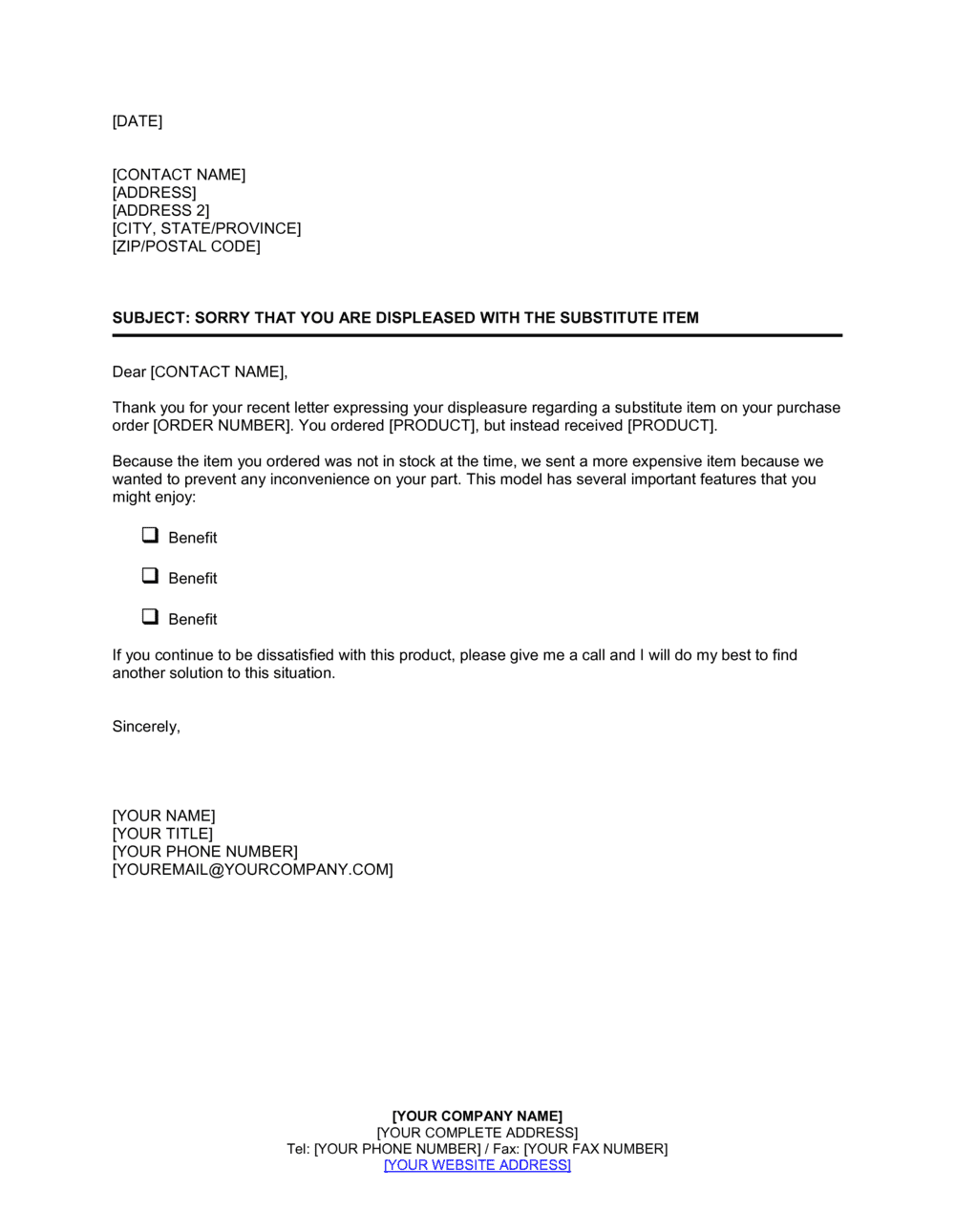 Business-in-a-Box's I Am Sorry You Are Displeased with the Substitute Item Template