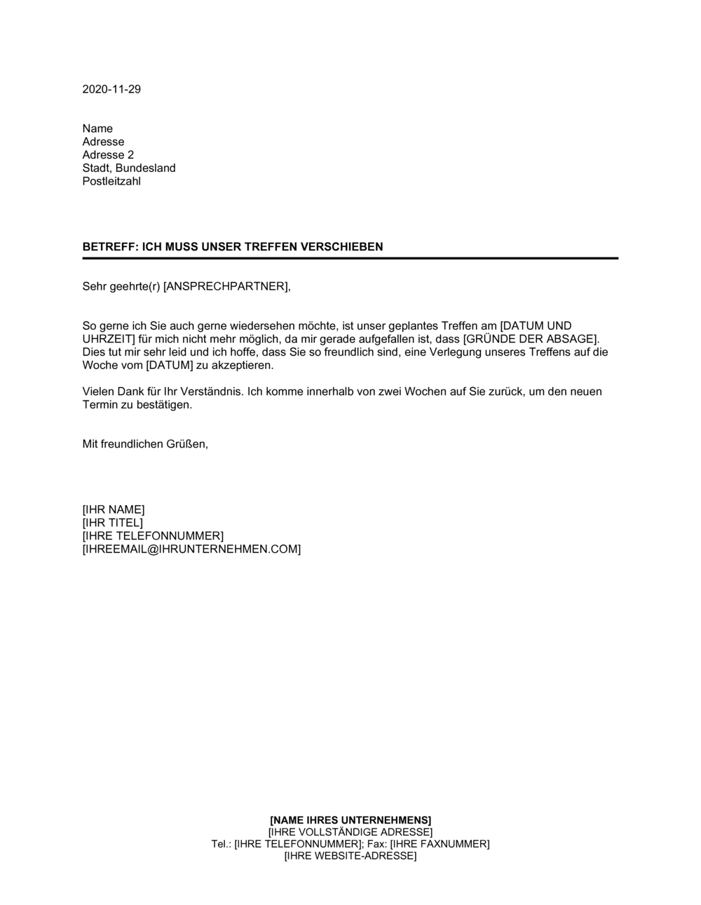 Business-in-a-Box's Ich muss unser Treffen verschieben