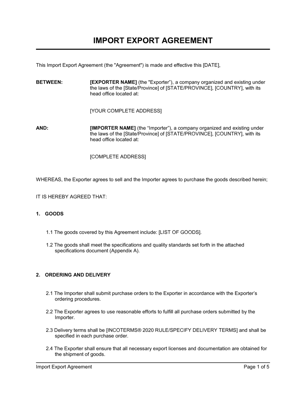 Business-in-a-Box's Import Export Agreement Template