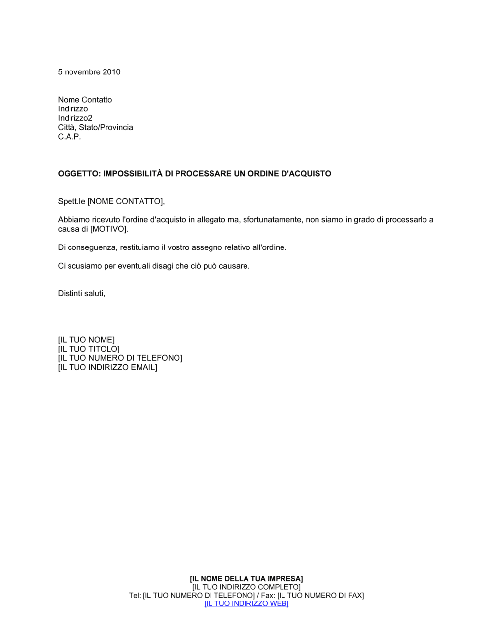 Business-in-a-Box's Impossibilità di processare un ordine d'acquisto