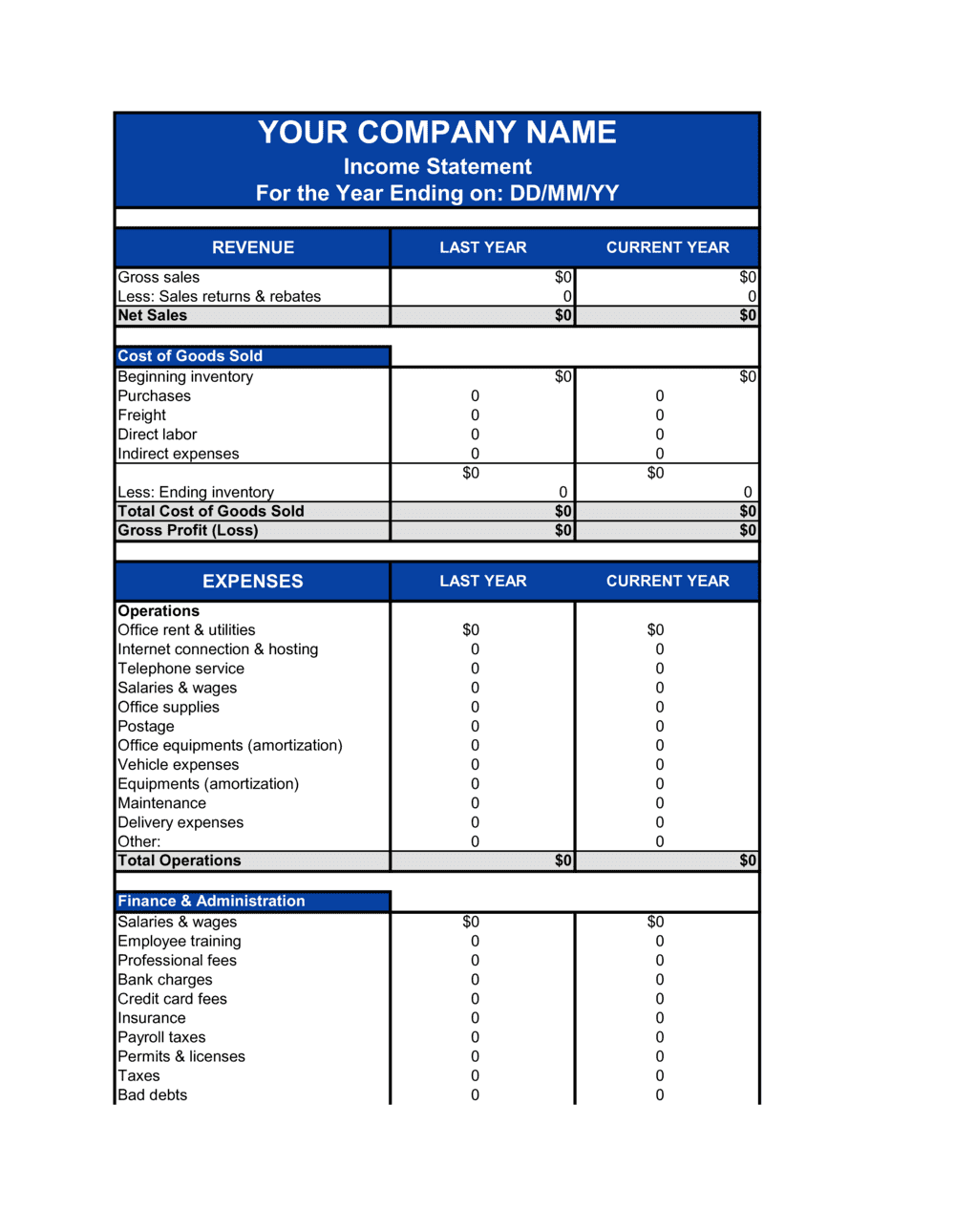 Small Business Income Statement Template