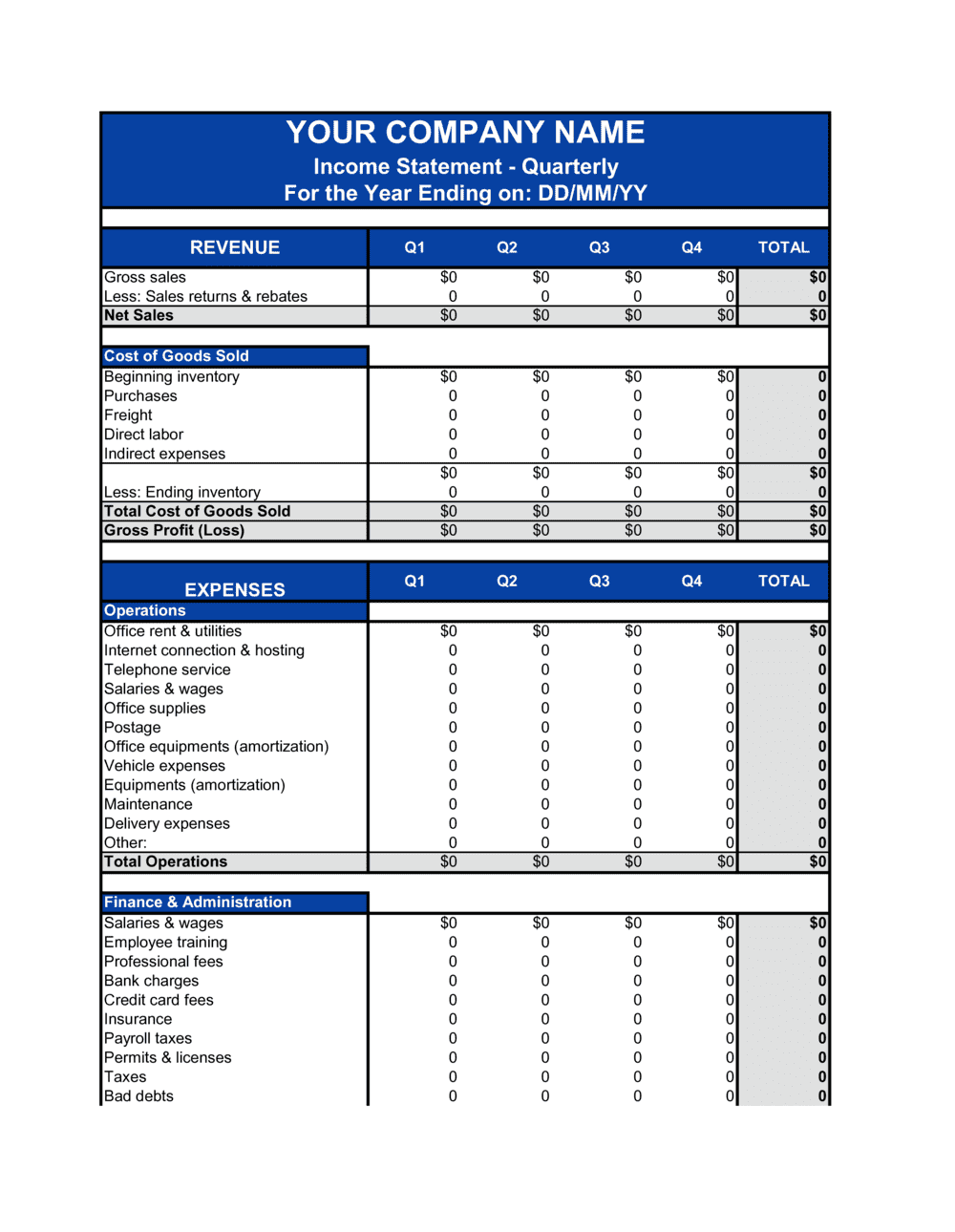 Income Statement Quarterly Template | by Business-in-a-Box™