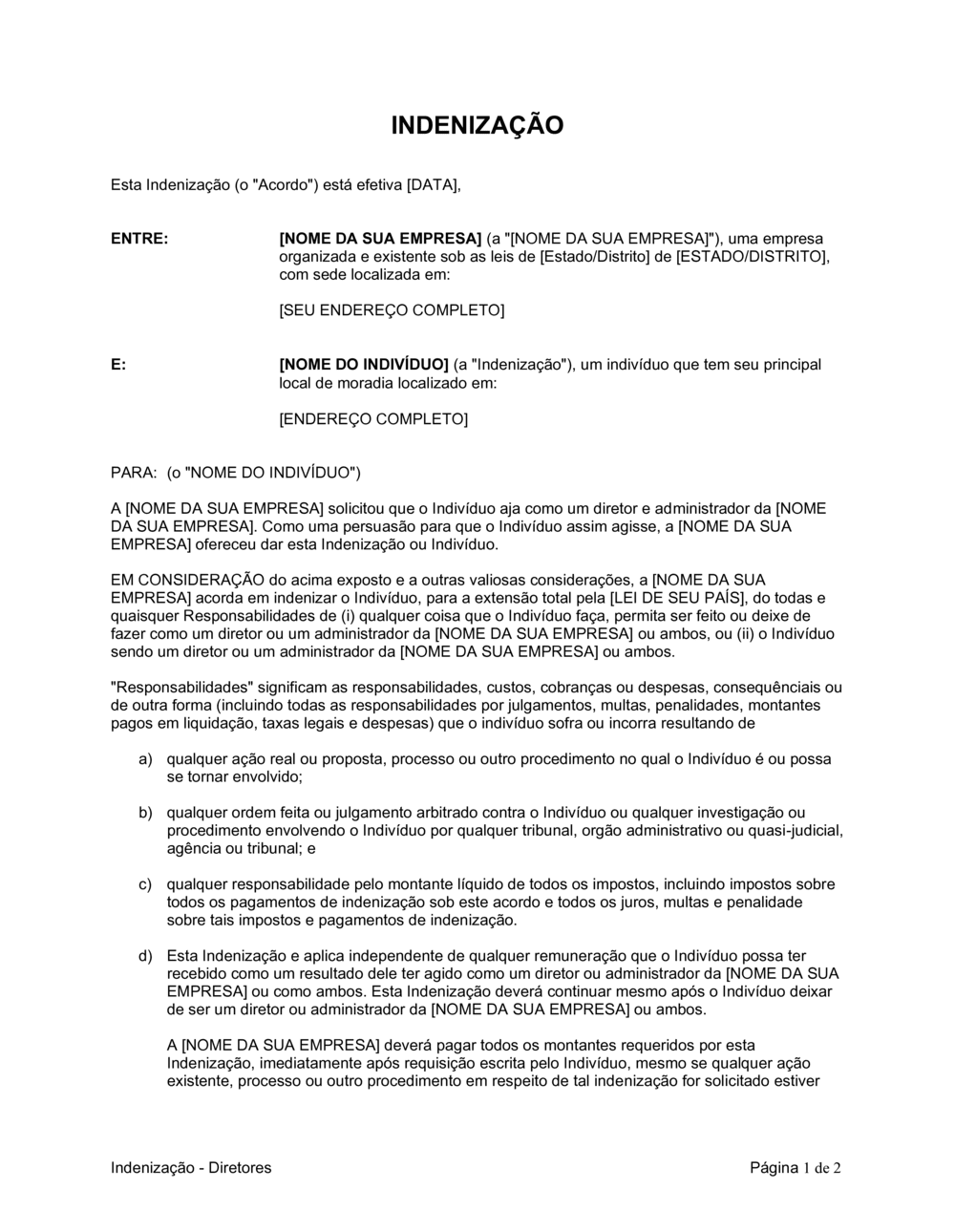 Business-in-a-Box's Indenização para Diretores Formulário Curto