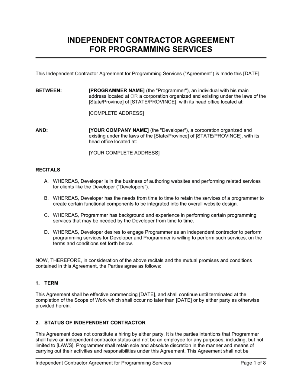 Independent Contractor Agreement For Programming Services Template By Business In A Box