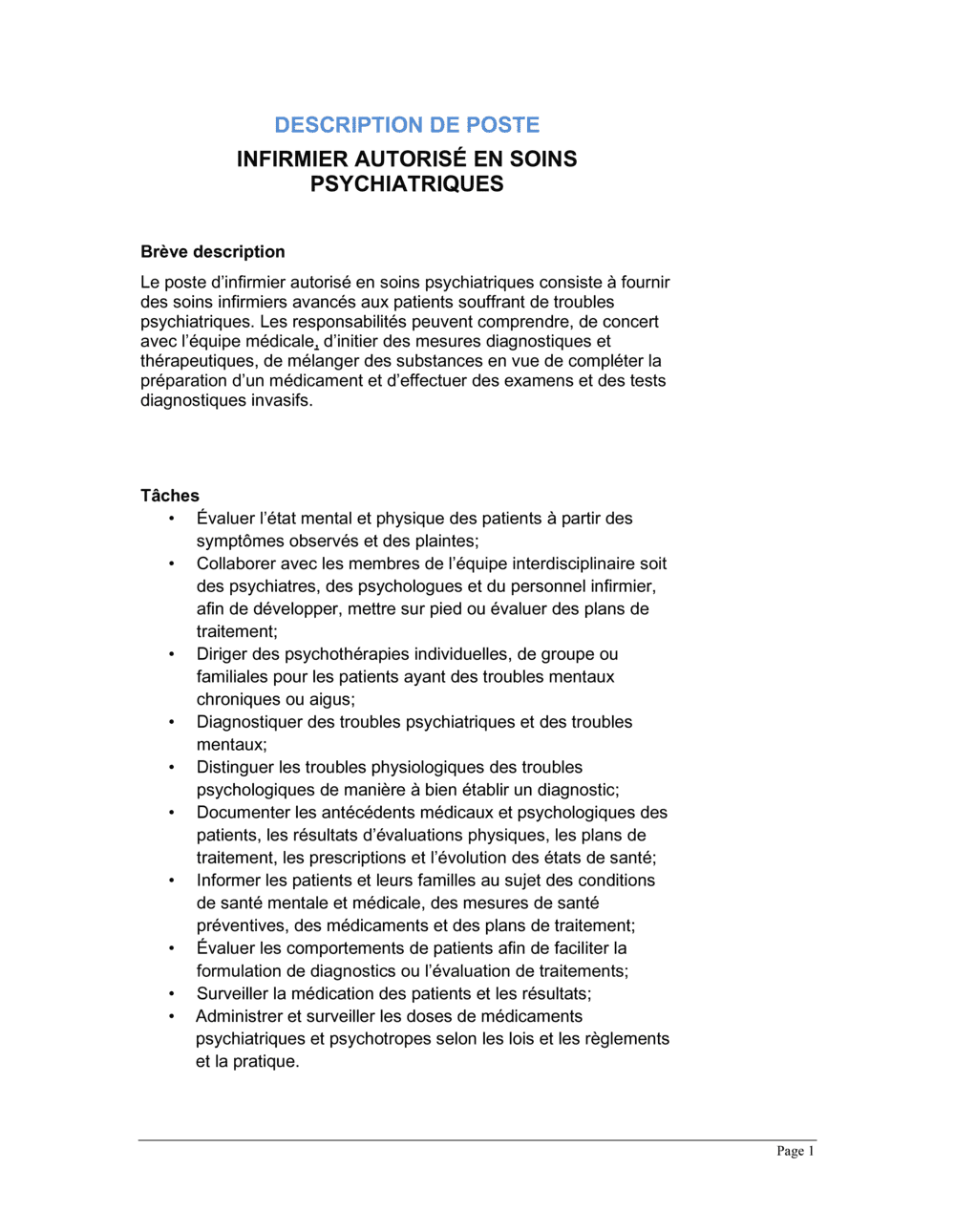 Business-in-a-Box's Infirmier autorisé (soins psychiatriques) Description de poste