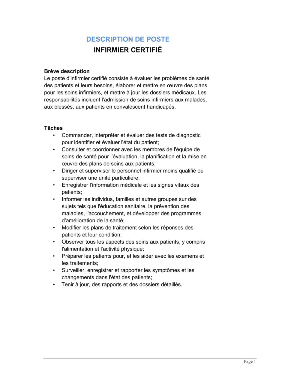 Business-in-a-Box's Infirmier certifié Description de poste