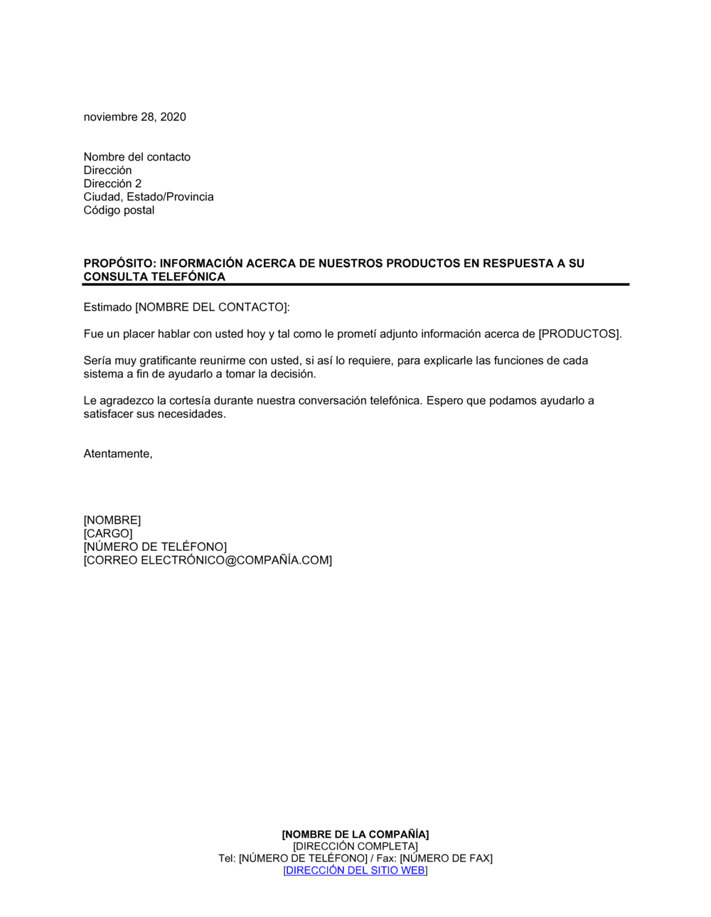 Business-in-a-Box's Información acerca de nuestros productos en respuesta a su consulta telefónica
