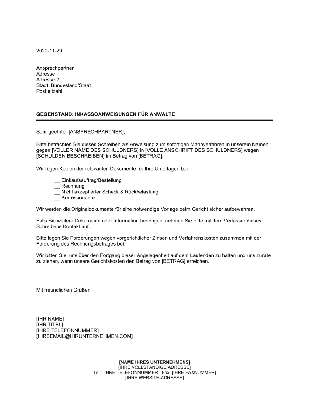 Business-in-a-Box's Inkassoanweisungen für Anwälte