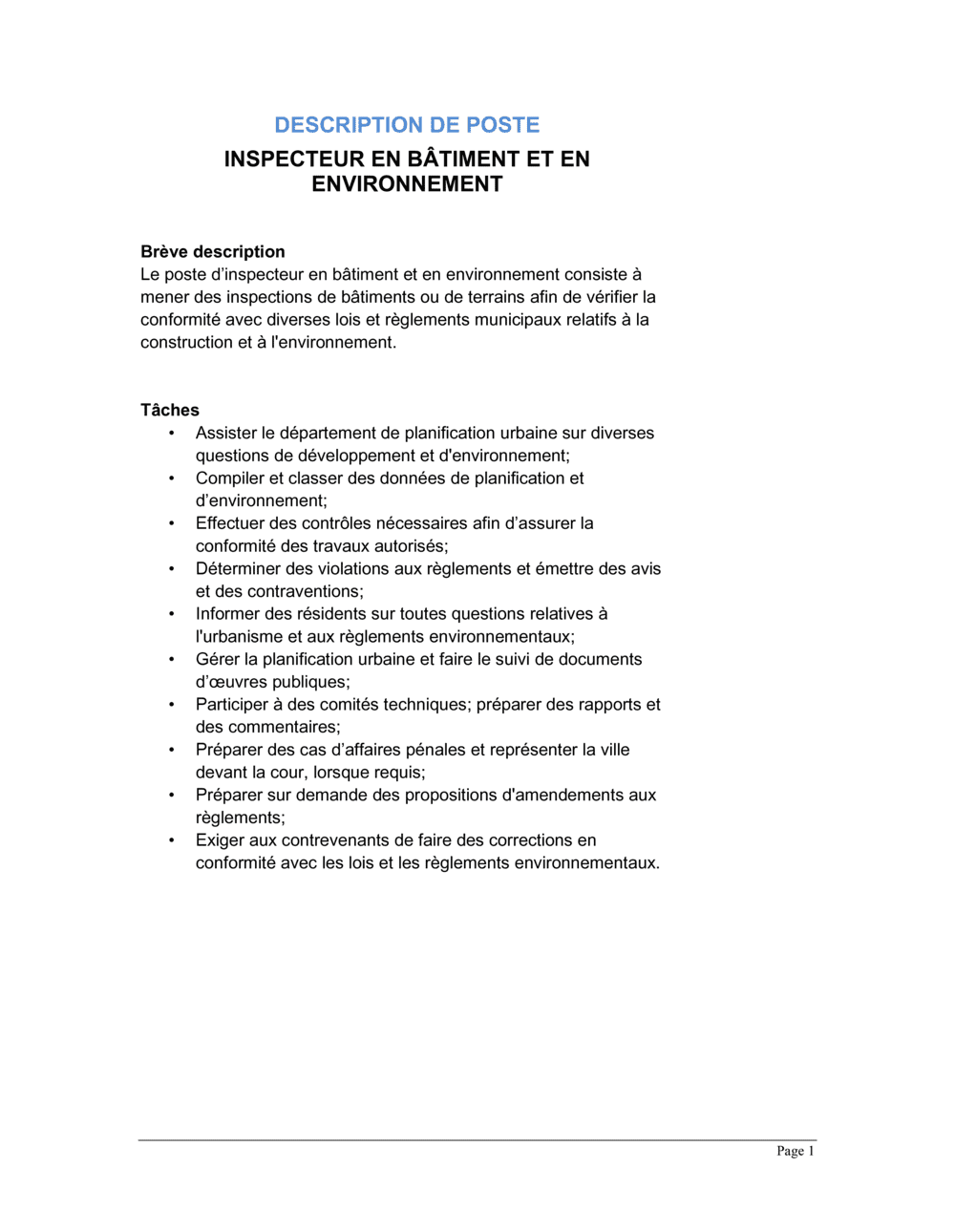 Business-in-a-Box's Inspecteur en bâtiment et en environnement Description de poste