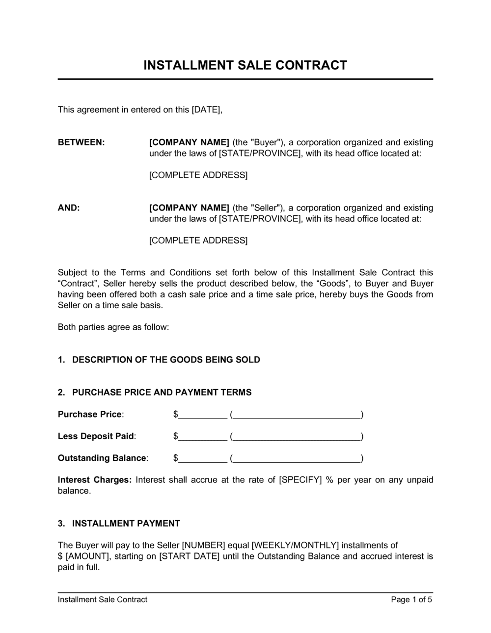 Installment Sale Contract Template By Business in a Box 