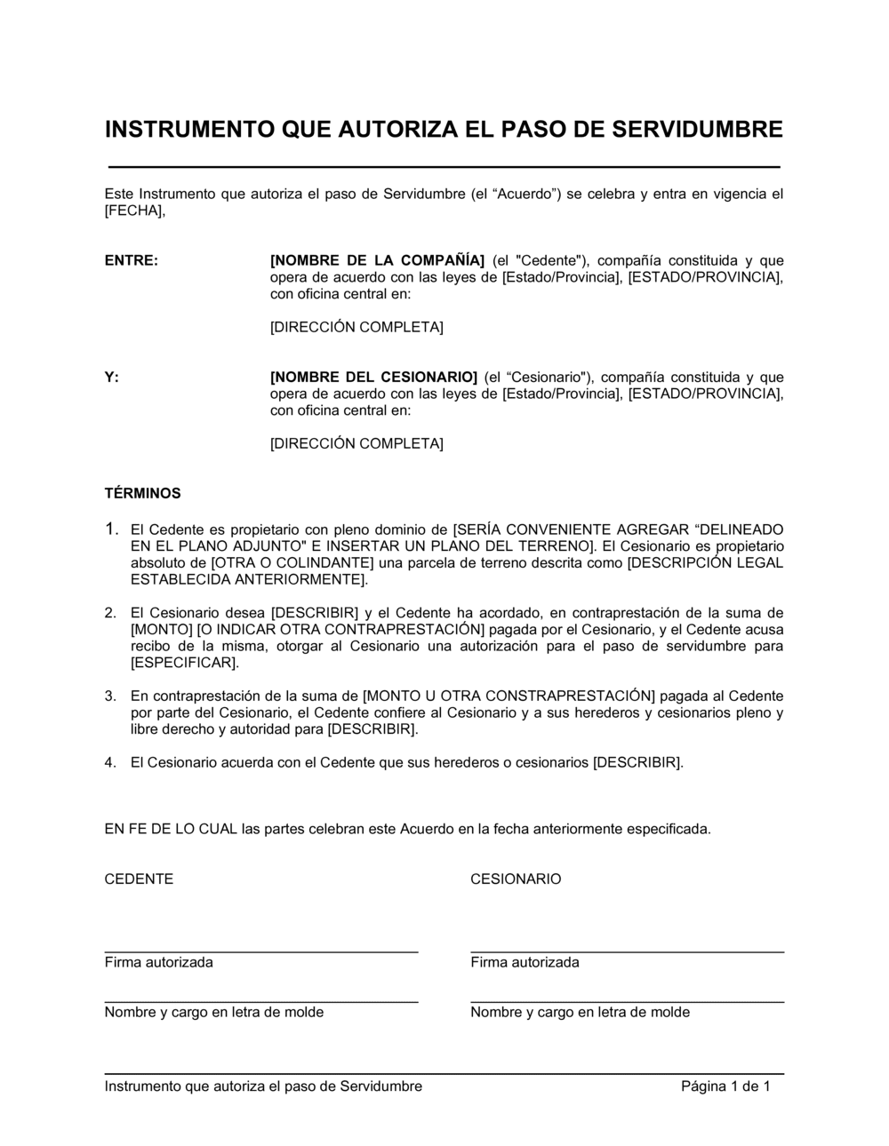 Business-in-a-Box's Instrumento que autoriza el paso de servidumbre