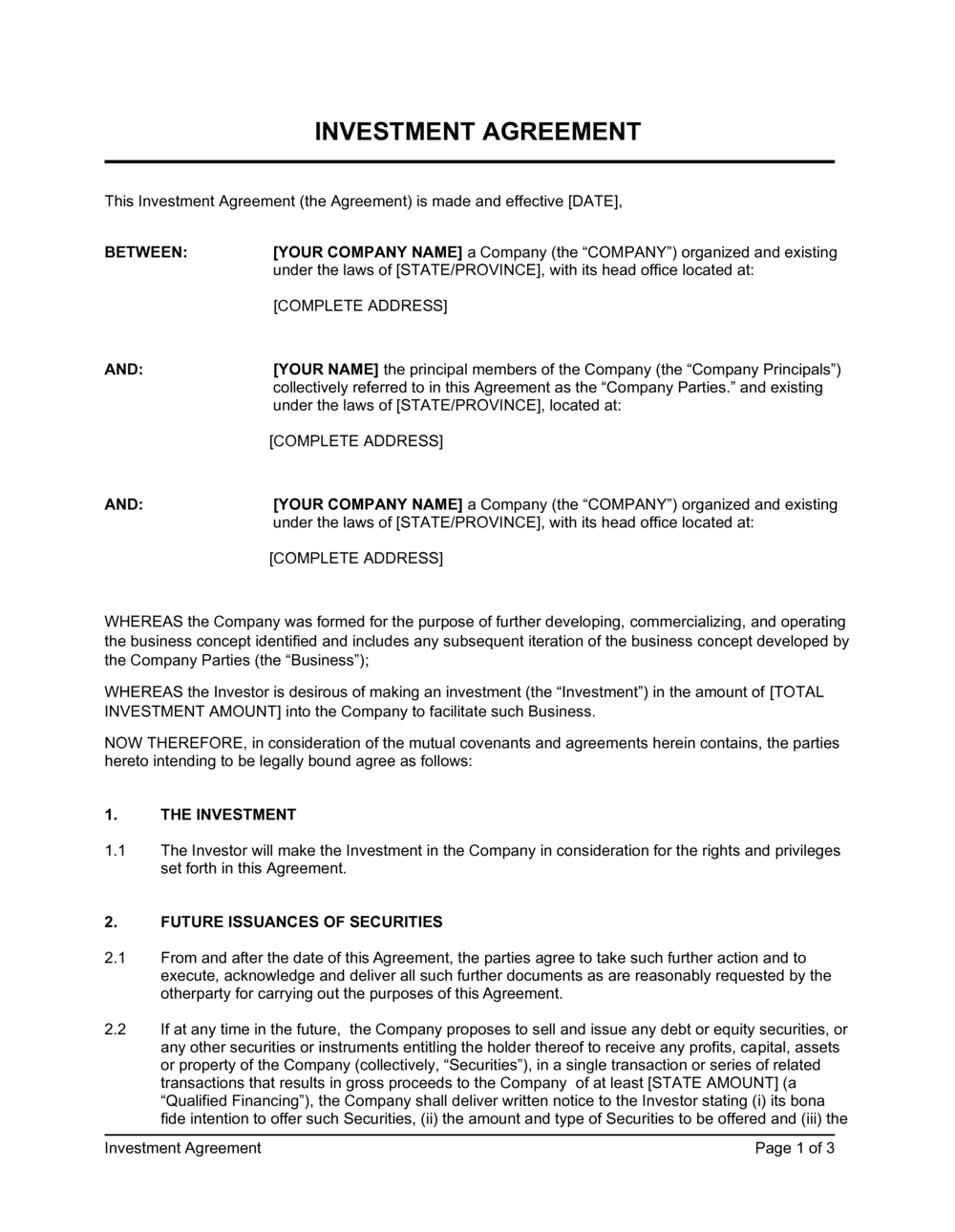Investment Agreement Template By Business in a Box 