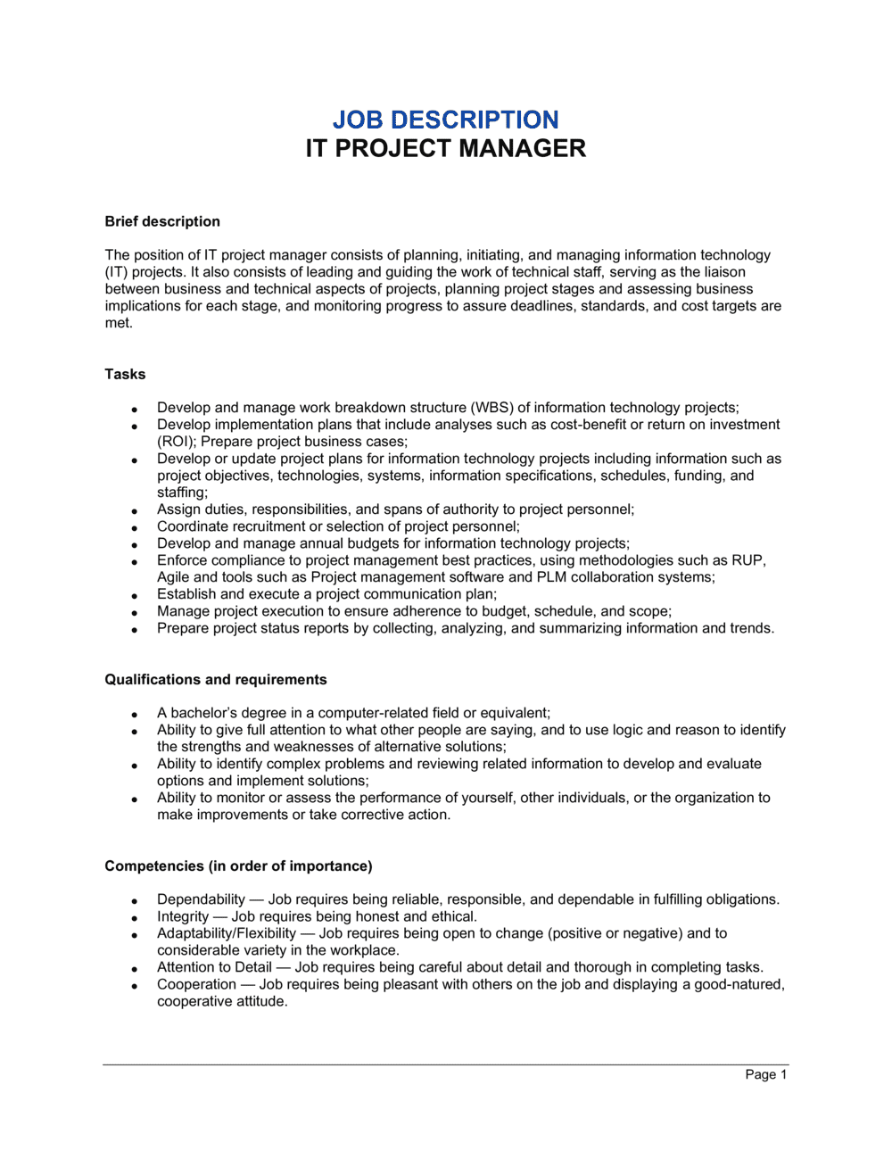 It Project Manager Job Description Template By Business In A Box™ 2208