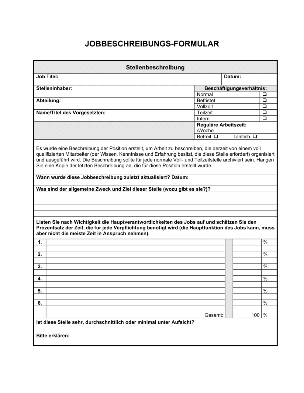 Business-in-a-Box's Jobbeschreibungs Formular