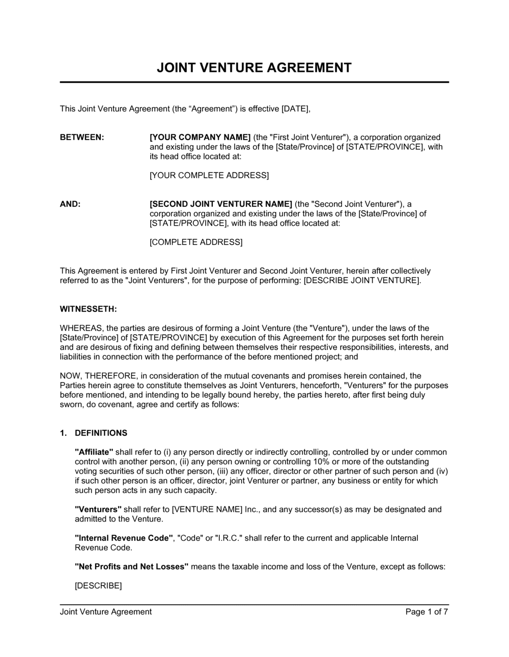 Joint Venture Agreement Template  by Business-in-a-Box™ With Regard To free simple joint venture agreement template