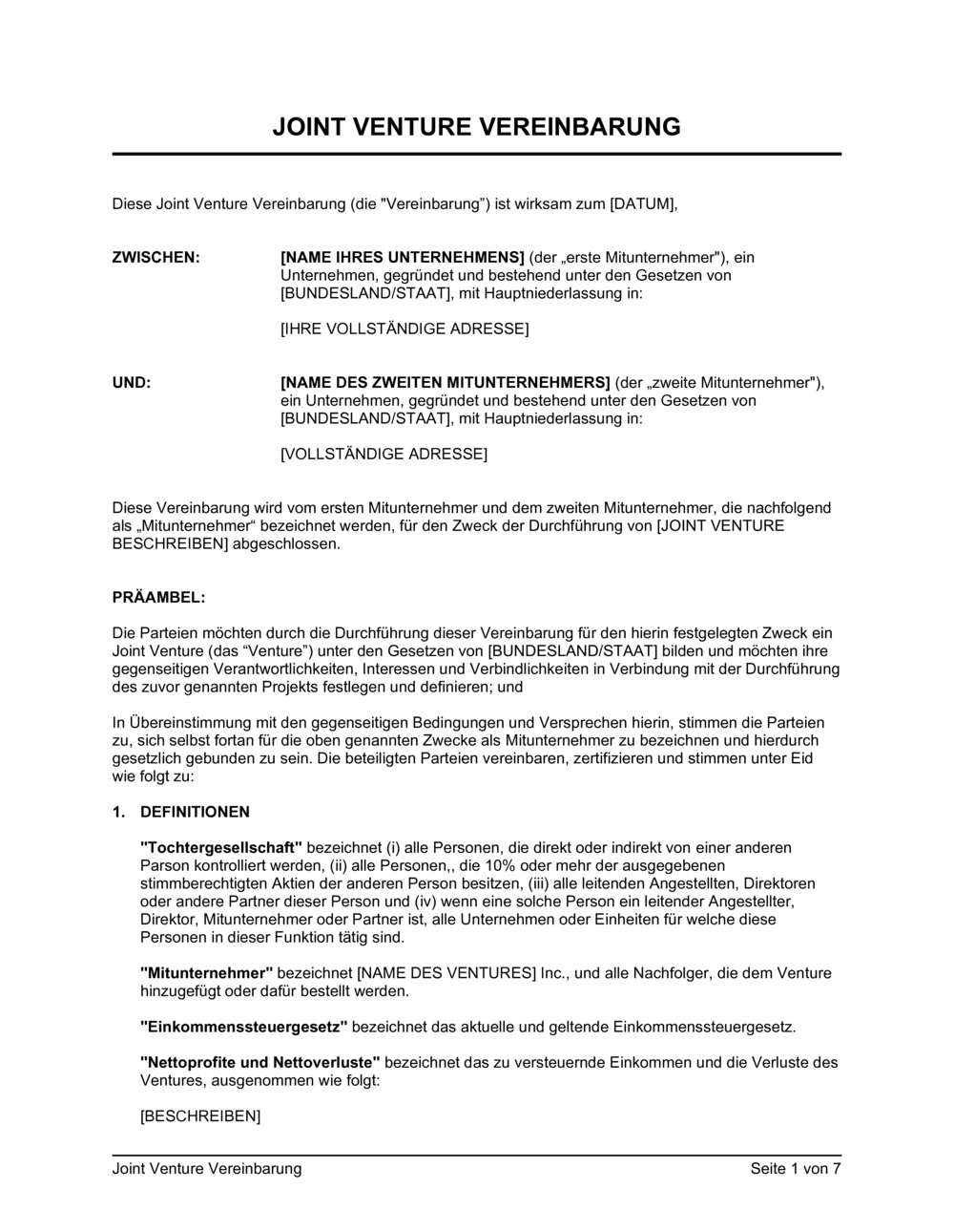 Business-in-a-Box's Joint Venture Vereinbarung