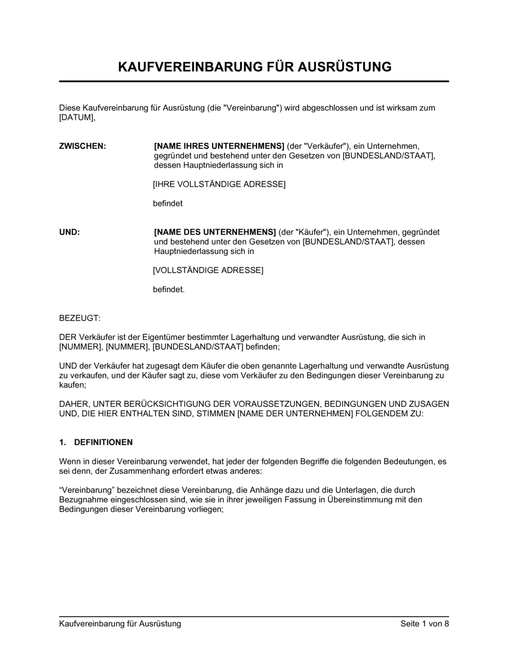 Business-in-a-Box's Kaufvereinbarung für Ausrüstung