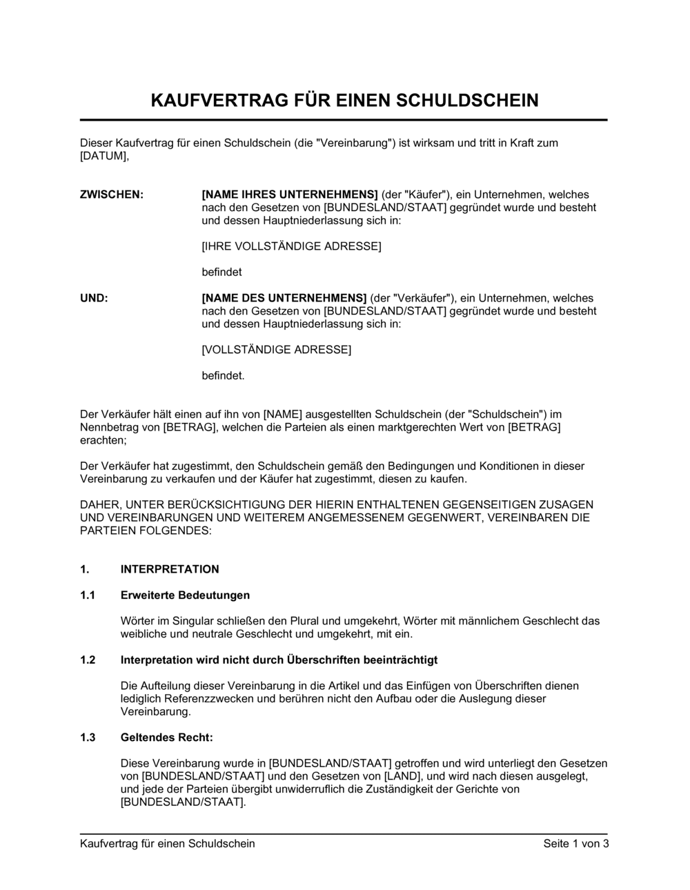 Business-in-a-Box's Kaufvertrag für einen Schuldschein