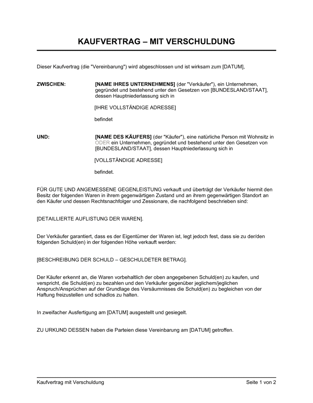 Business-in-a-Box's Kaufvertrag mit Verschuldung