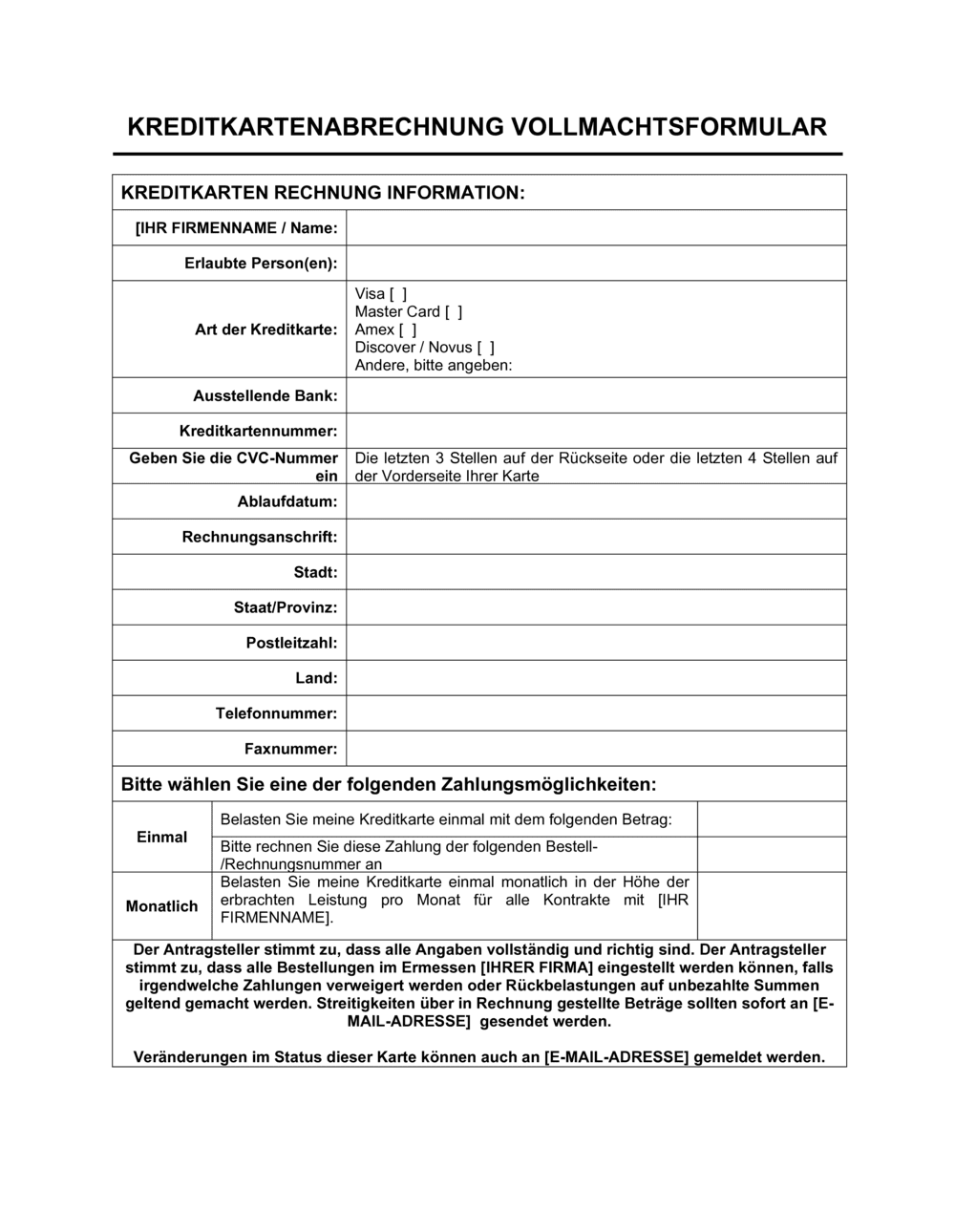Business-in-a-Box's Kreditkartenabrechnung Vollmachtsformular