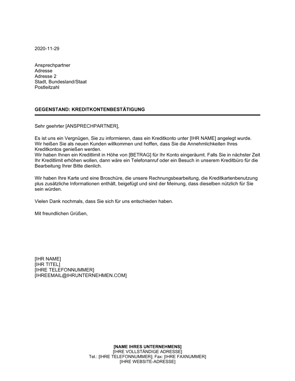 Business-in-a-Box's Kreditkontenbestätigung