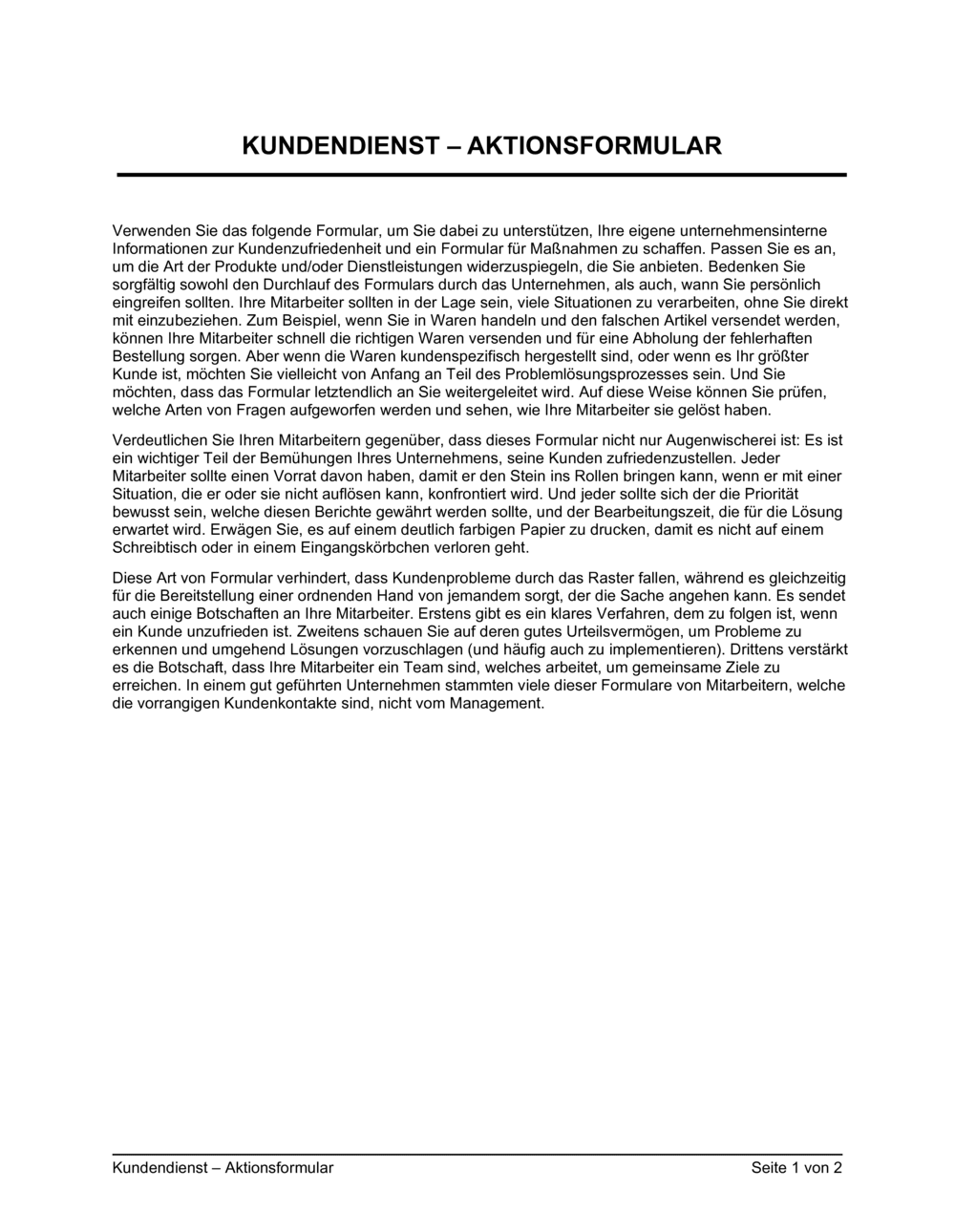 Business-in-a-Box's Kundendienst Aktionsformular