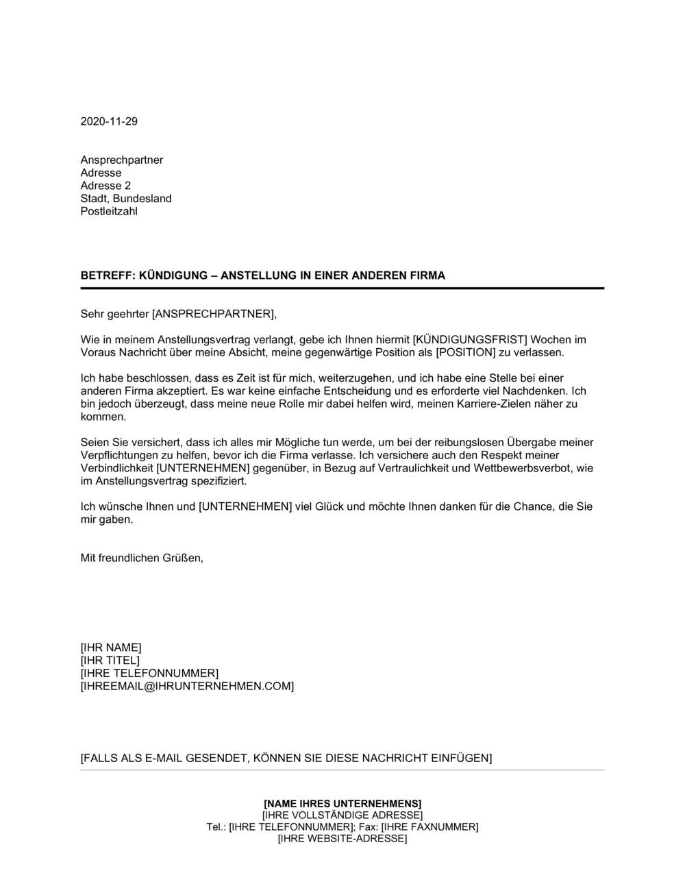 Business-in-a-Box's Kündigung Anstellung in einer anderen Firma