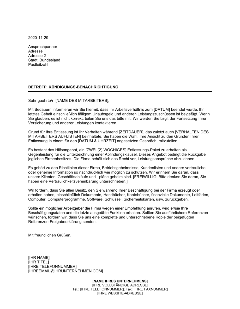 Business-in-a-Box's Kündigungsbenachrichtigung