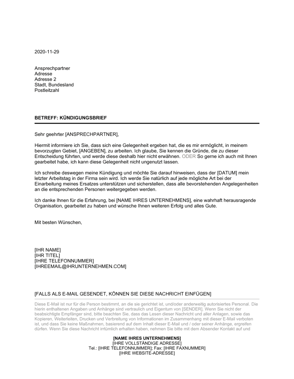 Business-in-a-Box's Kündigungsbrief