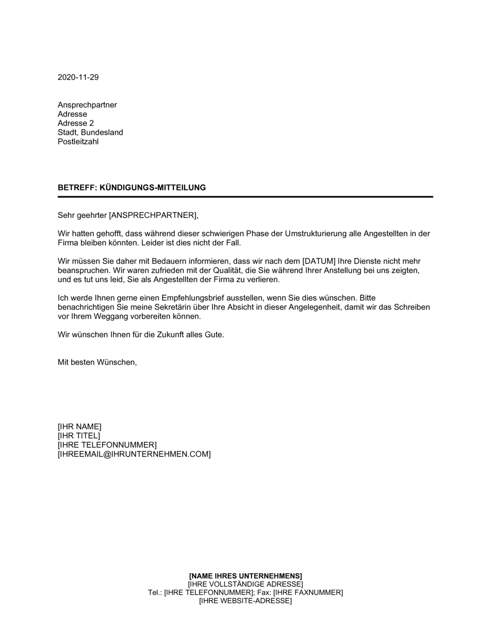 Business-in-a-Box's Kündigungsmitteilung