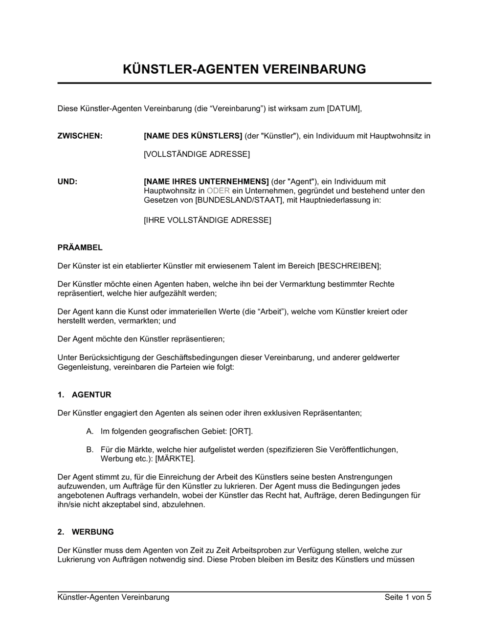 Business-in-a-Box's Künstler Agenten Vereinbarung