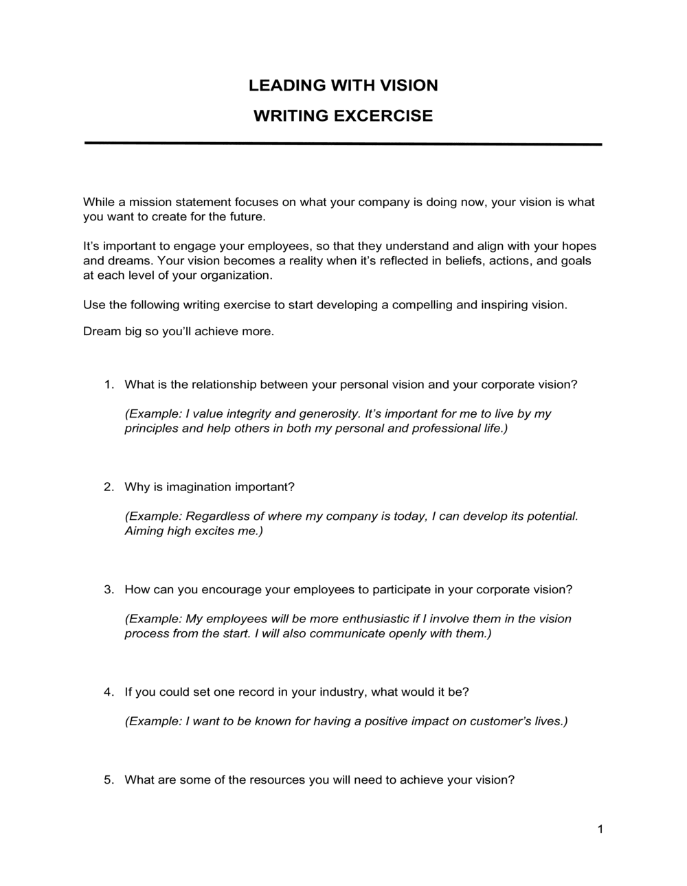 Business-in-a-Box's Leading With Vision Writing Excercise Template