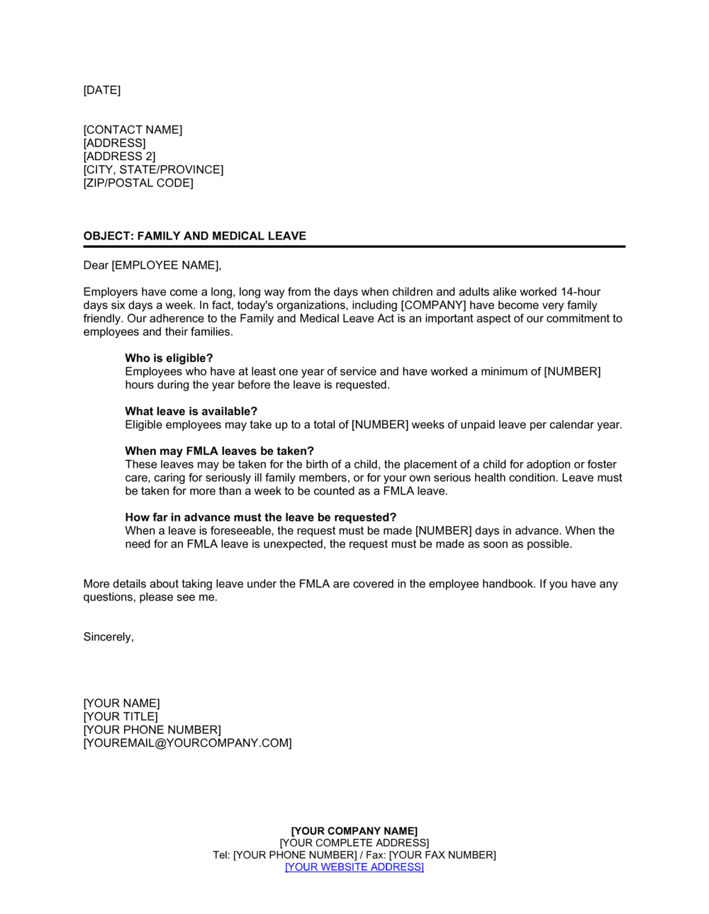 Letter Explaining Family and Medical Leave Template  by Business