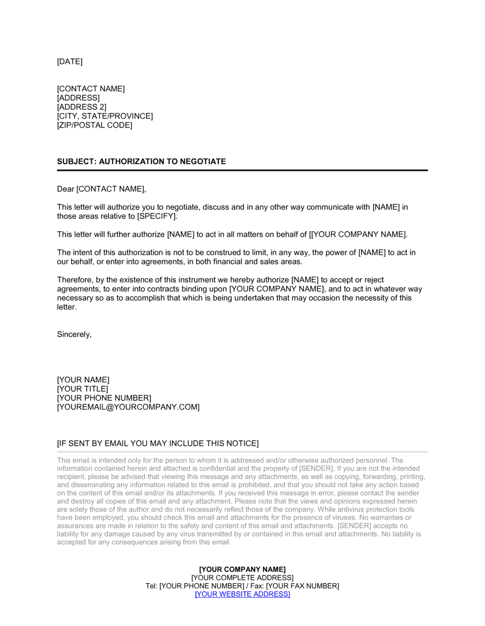 Letter Of Authorization To Negotiate Template By Business In A Box