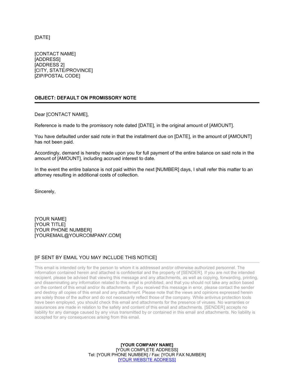 Letter of Default on Promissory Note Template  by Business-in-a-Box™ With Regard To Notice Of Default Letter Template
