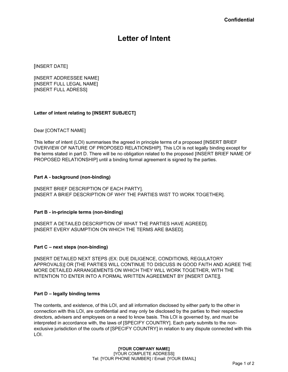 Letter of intent sample for business