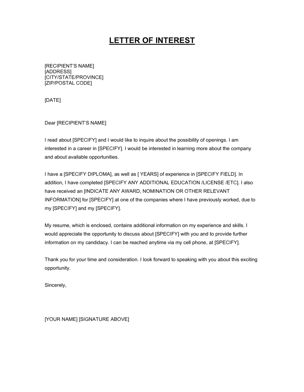 Letter Of No Interest In Vehicle Template   Letter Of Interest D12656 