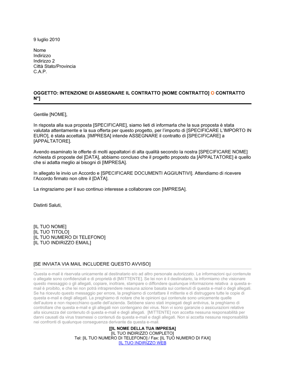 Business-in-a-Box's Lettera assegnazione contratto