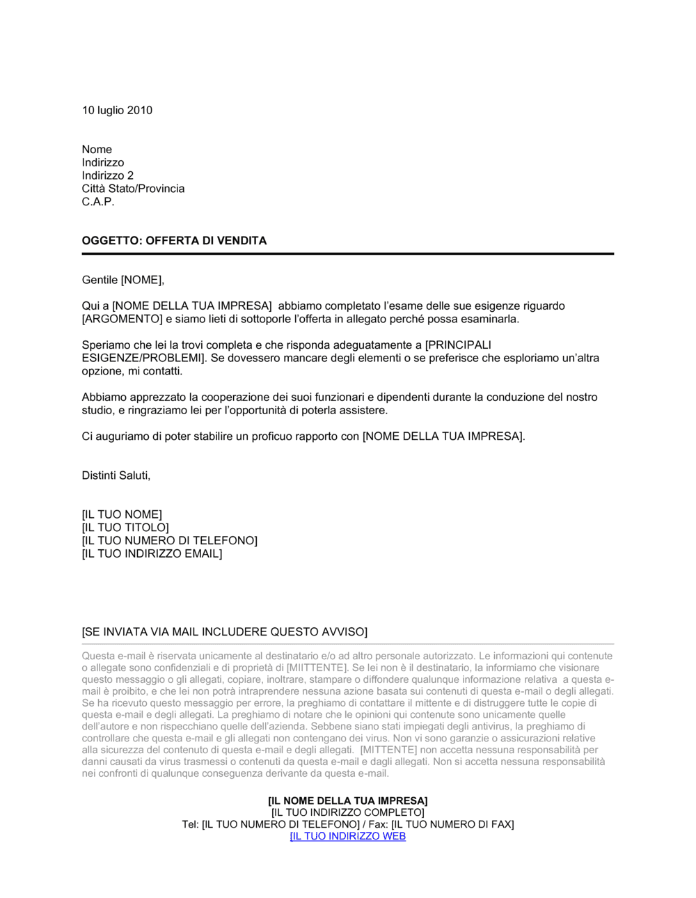 Business-in-a-Box's Lettera con offerta allegata lunga