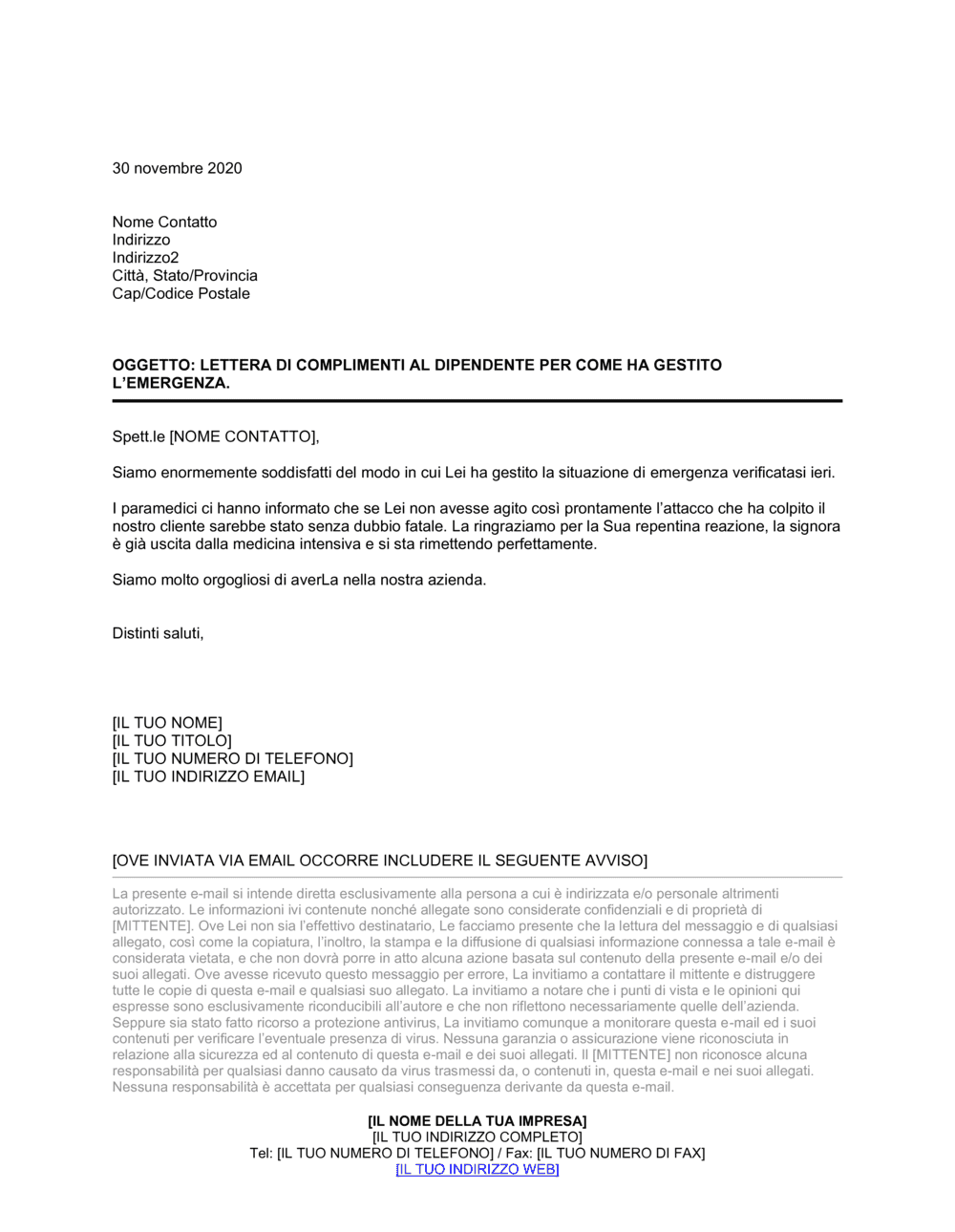 Business-in-a-Box's Lettera di complimenti per emergenza