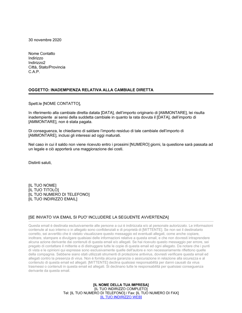 Business-in-a-Box's Lettera di inadempienza relativa alla cambiale diretta