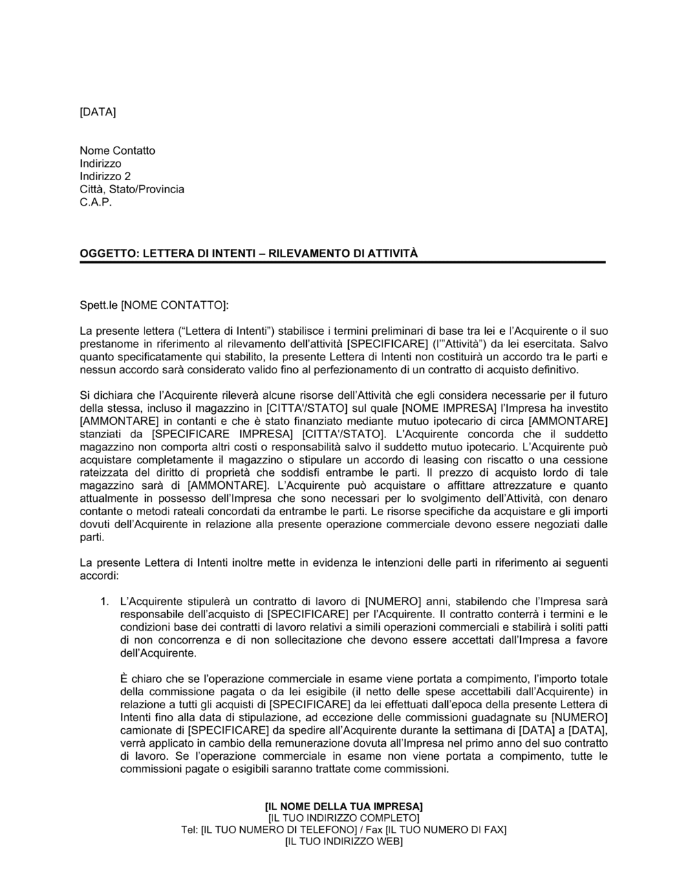 Business-in-a-Box's Lettera di intenti rilevamento di attività
