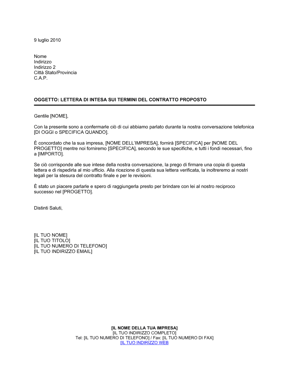 Business-in-a-Box's Lettera di intesa sui termini del contratto proposto