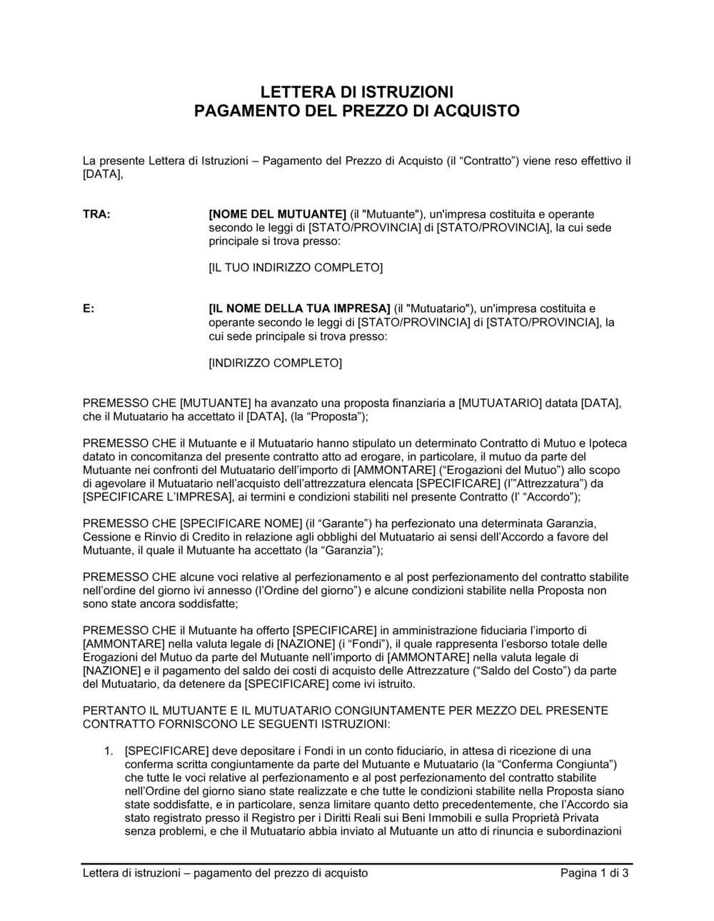 Business-in-a-Box's Lettera di istruzioni pagamento del prezzo di acquisto