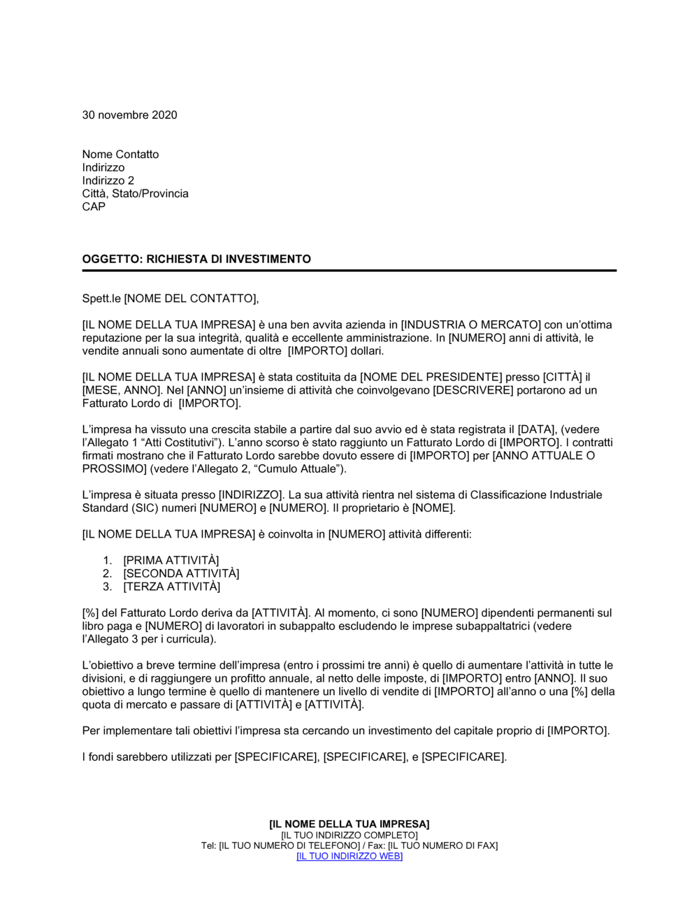 Business-in-a-Box's Lettera di richiesta di investimento del patrimonio proprio