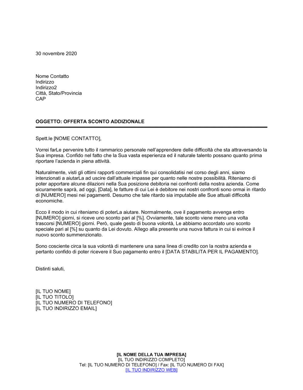 Business-in-a-Box's Lettera di riscossione credito con offerta di sconto addizionale